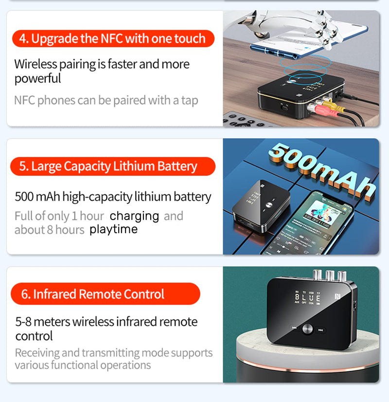 Bluetooth 5.0 Audio Receiver Transmitter 2 in 1 with Remote, Bluetooth Hi-Fi Audio Adapter with 3.5mm＆RCA,COAXIAL,Optical,NFC,Aptx-LL for Home and Car Stereo, AV Receiver or Amplifier