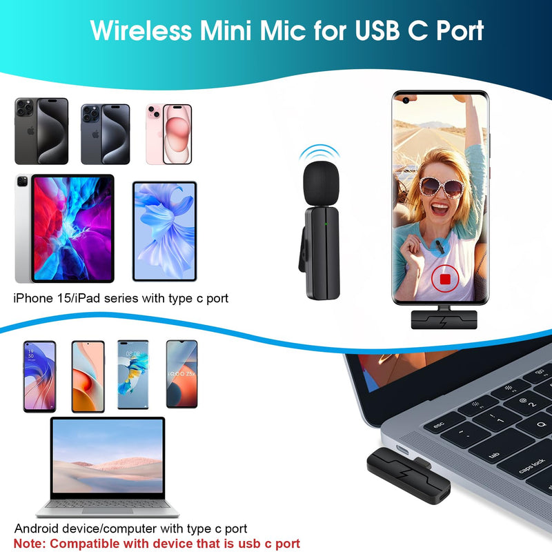 Wireless Lavalier Lapel Microphone for iPhone 15/Android/Computer - Bluetooth Mini Phone Mic for Video Recording, Clip-on USB C Microphones for YouTube Tiktok Podcast Vlog & Livestream USB C for iPhone 15