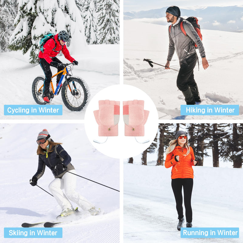 Women's & Men's USB Heated Gloves Mitten Full & Half Fingerless Winter Hands Warmer Laptop Gloves Colorful Pink