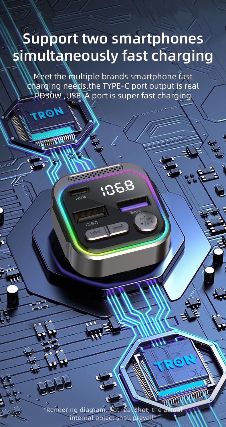 TRON Bluetooth 5.3 FM Transmitter Car Adapter 48W (PD30W +18W USB) Fast Charger, with Mic, Light Switch, HiFi Bass Sound, Audio Receiver Wireless Radio MP3, Hands-Free Calling, Support USB Drive, TR43