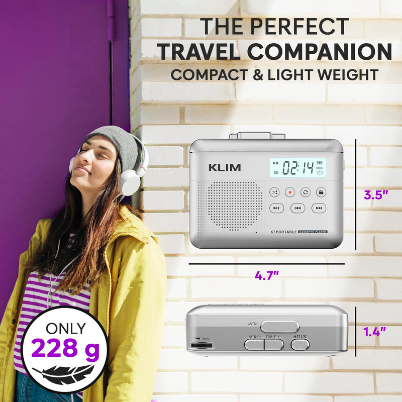 [AUSTRALIA] - KLIM K7 Cassette Tape Player - Cassette to MP3 Converter - Portable - Built-in Microphone & Speaker - Rechargeable Battery - Earphones - 16GB SD Card - Silver 