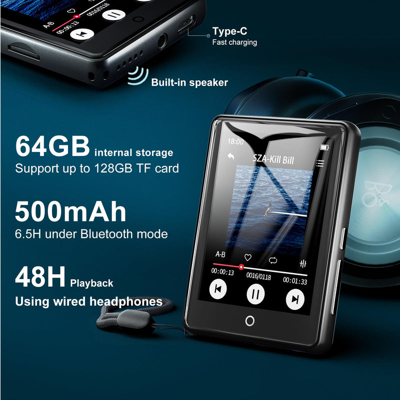 64GB MP3 Player with Bluetooth 5.3, 2.8-inch Touchscreen, Speaker, 18 Soothing Sounds Built-in, Shuffle Repeat Portable Music Player with FM Radio, Voice Recorder, Support 128GB Micro SD Card Black