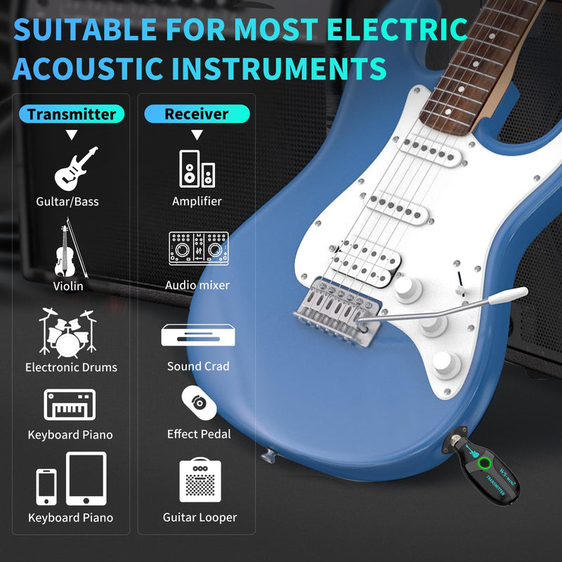 BEEONE 2.4GHz Mini Wireless Guitar System with 4 Channels，Rechargeable Audio Wireless Guitar Transmitter Receiver for Guitar Bass Electric Instruments with Portable Case (Black) Black