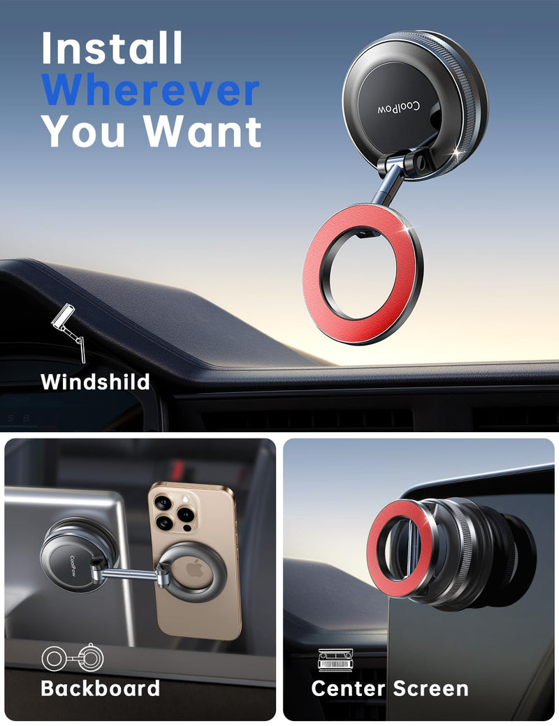 Coolpow【Newest Vacuum Magnetic Phone Holder for Car Phone Holder Mount【Movable Vacuum Suction】 Magsafe Car Mount Cell Phone Holders for Your Car Accessories for Women Men for iPhone 17 16-red | 【26 x N58 Magnets】360° Rotation, Magnetic Car Phone Holder...