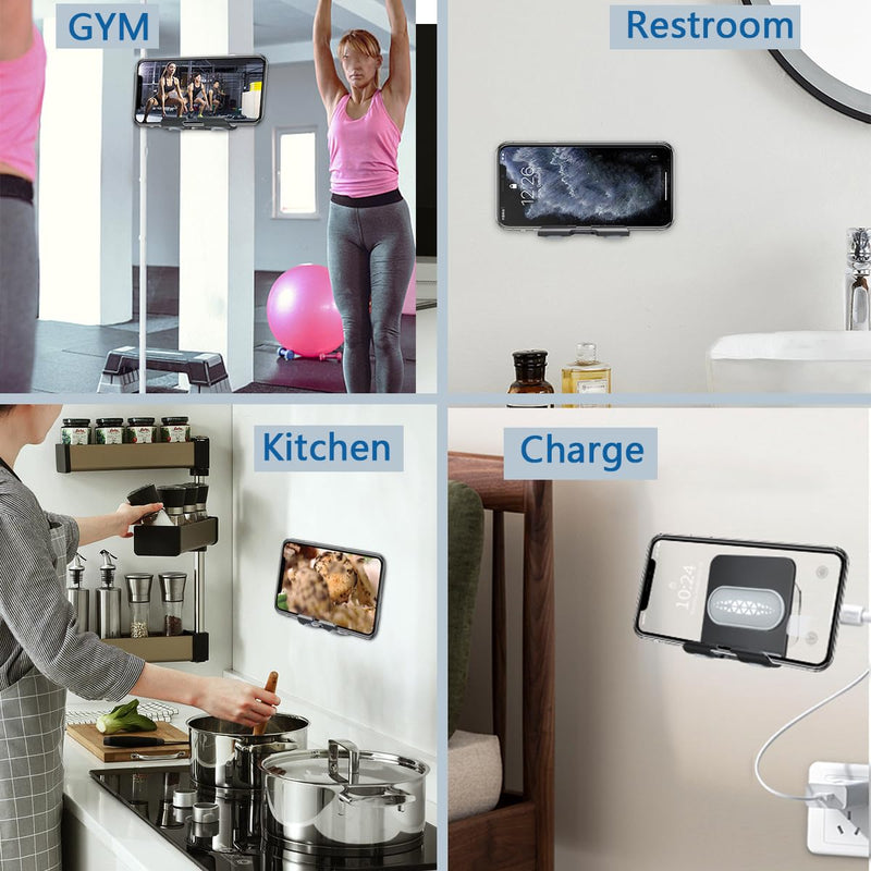 Shower Phone Holder with 2PCS Adhesive Stickers,Wall Mount Phone Stand for Bathroom,Kitchen,Office and More,Compatible with Smartphone(Black-Gray) Black-Gray