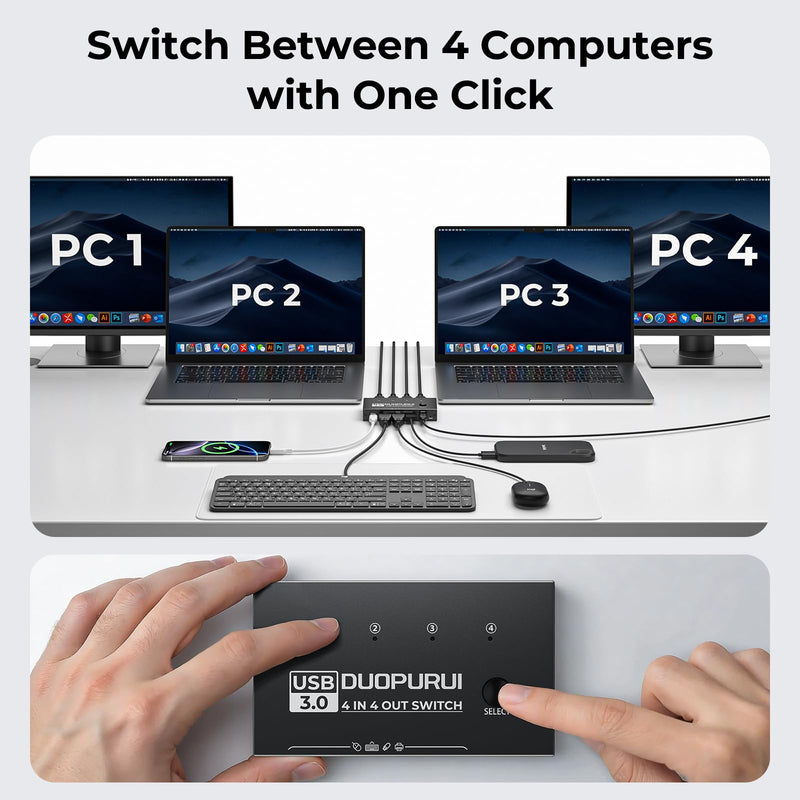 USB 3.0 Switch 4 Computers Sharing USB C & A Devices,Easy One-Click Device Switching with USB-C Cable & USB-A Cable,USB Switch Hub Share Keyboard Mouse Printer Scanner(USB3.0 4in4out) USB SWITCH 4 IN 4 OUT