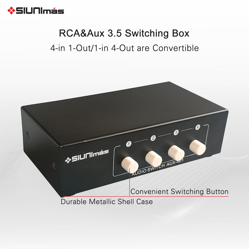 4-in 1-Out RCA and 3.5mm Aux Audio Receiver Switching Box 4 Channels Audio Converter Passive Audio Selector Switch Box 1-in 4-Out (S401-RCA AUX) S401-RCA AUX