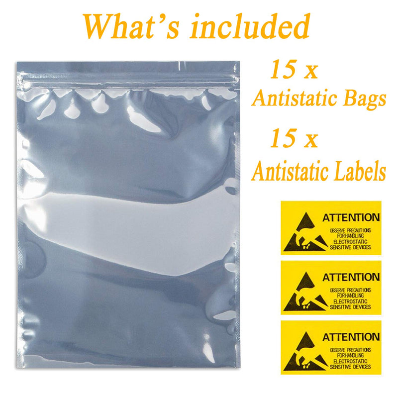 KUKUBAGS 15pcs 11x15 inch Anti Static Bag with 15pcs Antistatic Labels, Static Free Bag for Electronics, Large Resealable Non Static Bags for Most of Computer Accessories