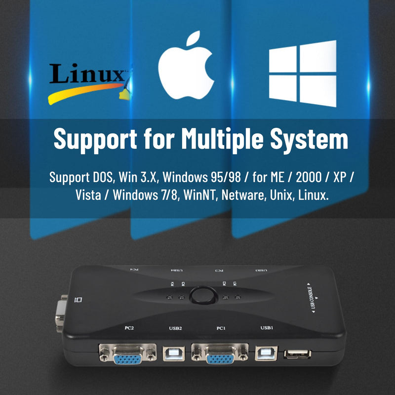 4 Port KVM Switch, USB 2.0 KVM VGA/SVGA , VGA KVM Switch with USB Hub, Computer Switch Box Adapter for PC Keyboard