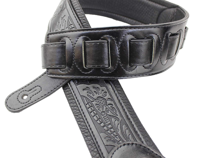 Walker & Williams G-118 Black on Black Padded Guitar Strap with Embossed Tooling & Padded Glove Leather Back For Acoustic, Electric, And Bass Guitars