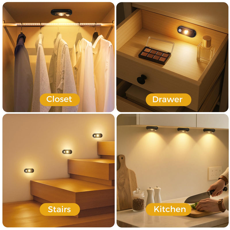 [AUSTRALIA] - LED Motion Sensor Puck Lights, Small Rechargeable Under Cabinet Light, Dimmable Warm White Closet Lights, Wireless Under Cabinet Lighting for Drawer, Kitchen (6 Pack) 6 pack-Black 