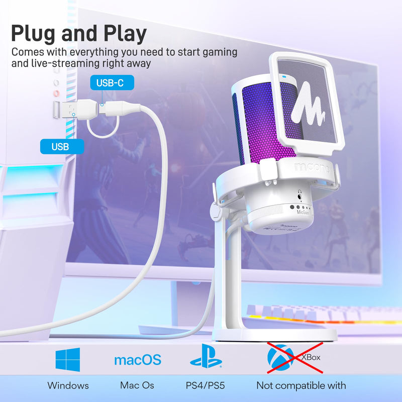MAONO Gaming Microphone for PC with Noise Cancellation, USB Condenser Mic for Computer, Mac, Laptop, PS5, Streaming, Podcast, Twitch, YouTube, Discord, GamerWave DGM20 White