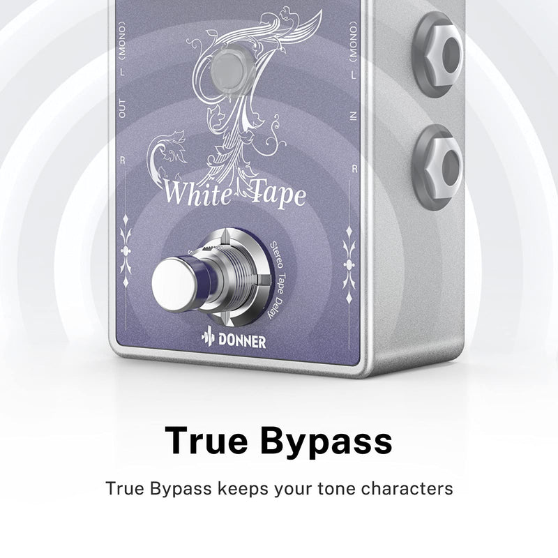 Donner White Tape Stereo Delay Pedal, Analog Delay with Echo Effect, True Bypass, 2 Independent Channels for Electric Guitar, Bass, Synth, Drum Machine Tape Delay
