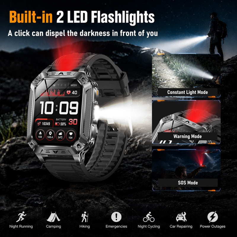 KPEP Smart Watches for Men, 2 Flashlight & 100 Days Battery Life | IP68 Waterproof 2.01'' Military Smart Watch with Sleep/SpO2/Heart Rate Monitor/Step Tracker, Sport Smartwatch for Android iOS