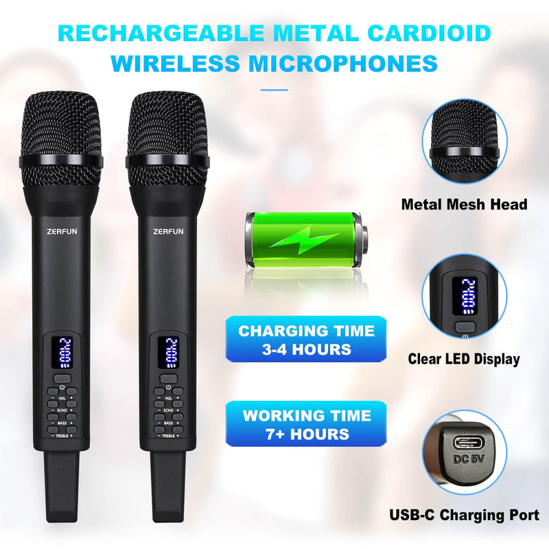[AUSTRALIA] - Dual Rechargeable Wireless Microphones, Pro Handheld Cordless Mics System with Echo Treble BASS VOL Control for Karaoke Singing Church Party, 1/4'' Output, Black 2 Mics, Black 