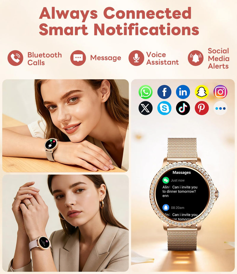 Smart Watch for Women Diamond, Bluetooth Calls, 1.32-inch HD Screen Round Fitness Tracker with Menstrual Cycle/Sleep/Heart Rate Monitor, 100+ Sports Mode, Android/iOS Phone, Rose Gold