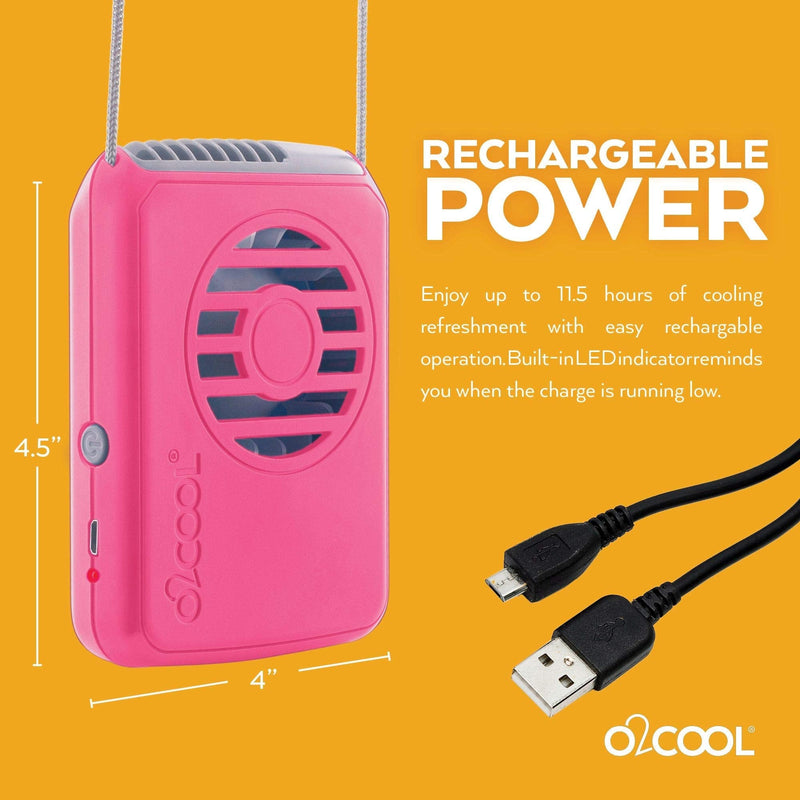 O2COOL Rechargeable Necklace Fan - Portable Hanging Neck Fan with Adjustable Lanyard - 3 Speed Vertical Air Flow – Micro USB Charging Cable Included (Raspberry) Raspberry