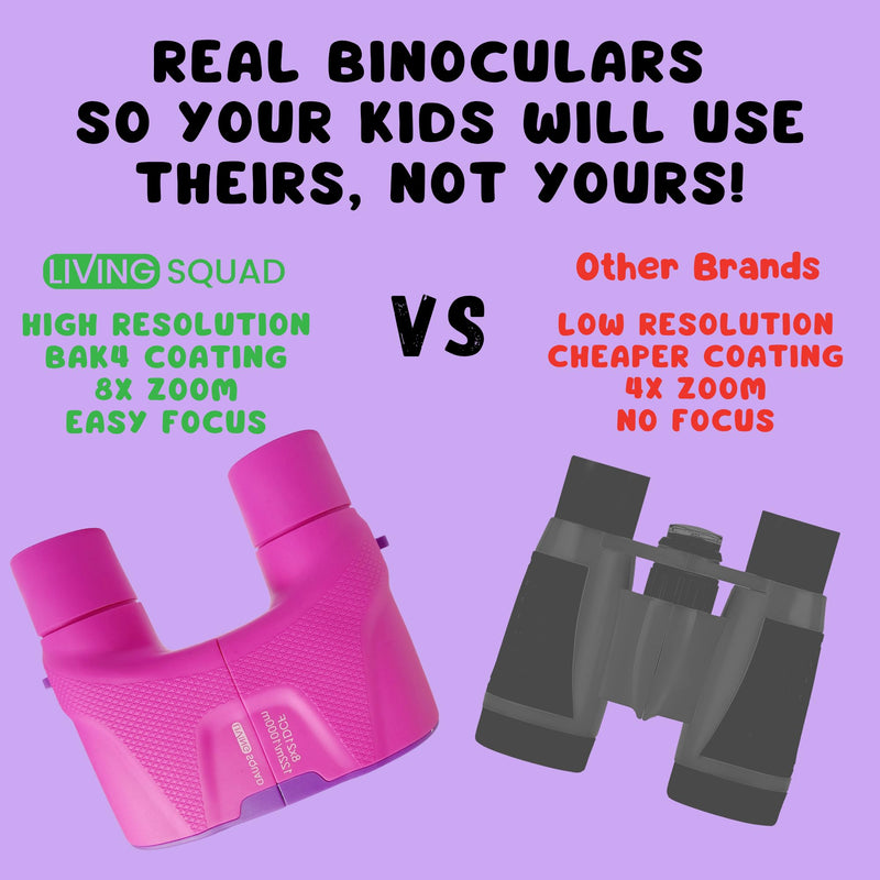 Kids Binoculars 8x21 Focus-Free Pink – Shockproof Outdoor Adventure Gear for Girls & Boys Ages 3-12 – No-Adjustment Point & Look Design, Real 8X Magnification STEM Toy for Bird Watching, Hiking Pink/Purple