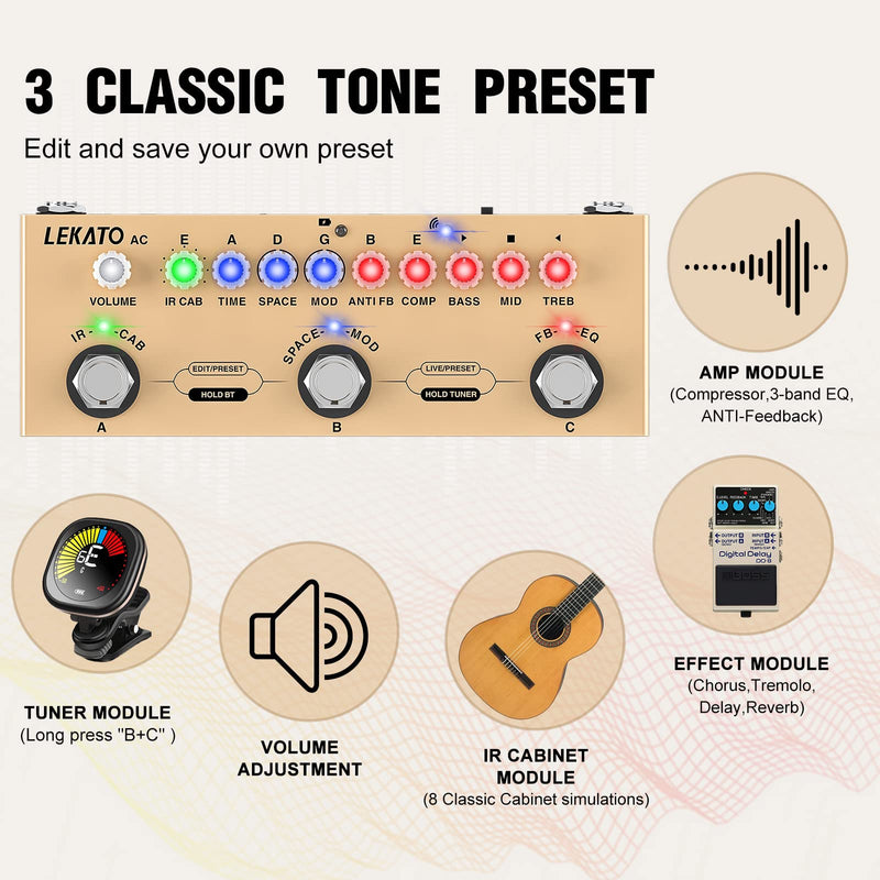 [AUSTRALIA] - LEKATO Multi Effects Pedal for Acoustic Guitar, with IR Loading 9 AMP Models, Acoustic Multi Effects Processor, Bluetooth 5.0,Recording, Built-in Battery 