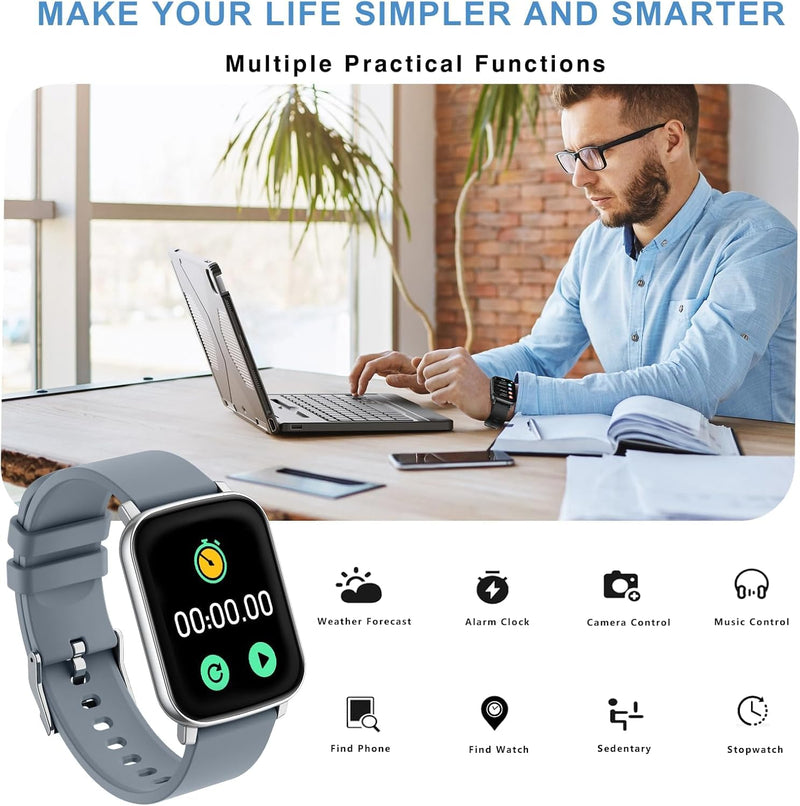 Fitness Tracker, Smart Watches for Men Women with Blood Pressure, 1.65" for Android iPhone Samsung Compatible Fitness Watch with Sports Modes Heart Rate/Blood Oxygen IP68 Smartwatch Blue