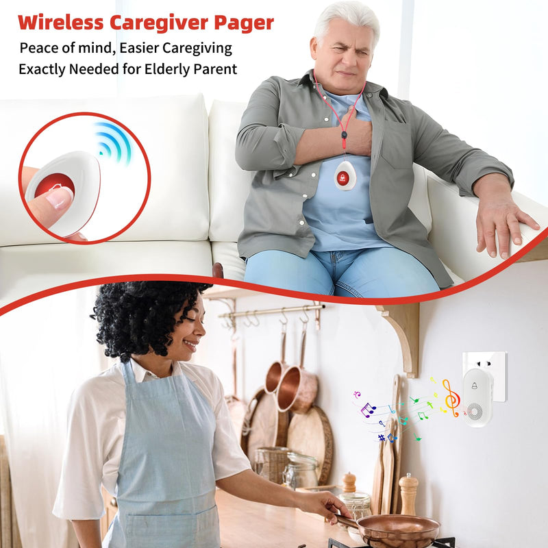 Nestling® Wireless Caregiver Pager SOS Call Button for Elderly Monitoring, Emergency Alert System Call Bell for Nurse Patient Disabled 1 Waterproof Transmitter & 1 Plugin Receiver