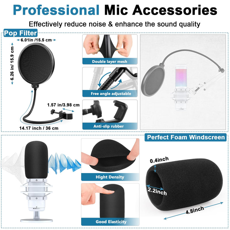 White Boom Arm for Hyperx Quadcast S, Adjustable Hyperx Quadcast White Mic Stand Microphone Arm Compatible with Hyperx Quadcast with Pop Filter,Mic Cover, By ChromLives White Boom Arm for Hyperx Quadcast S