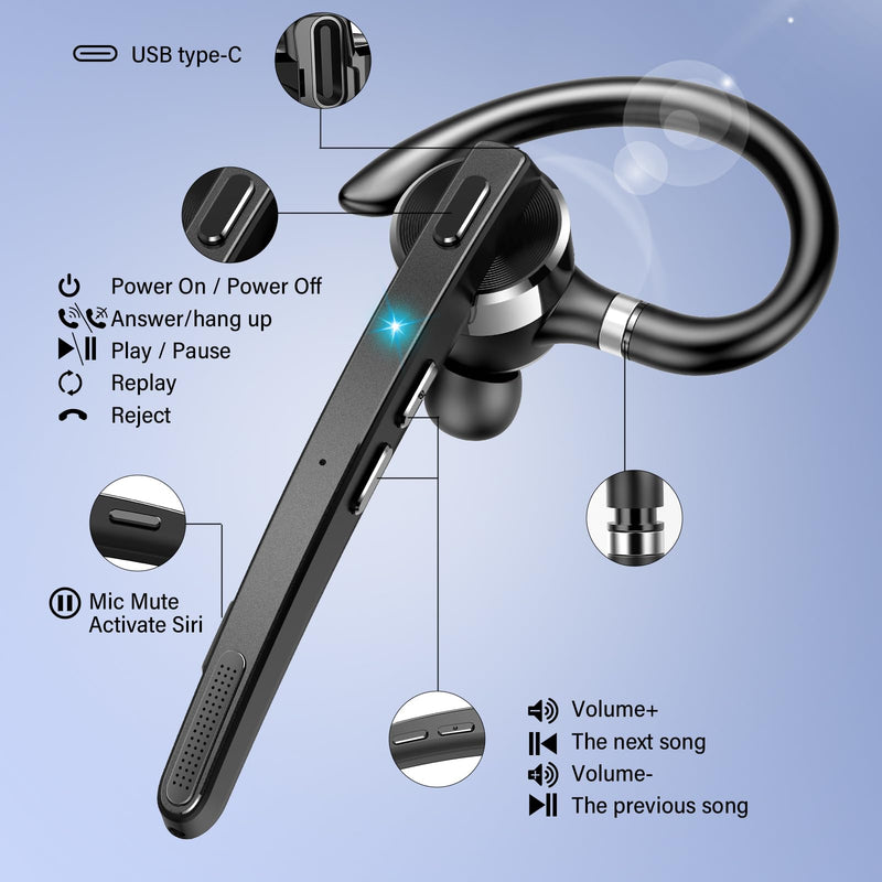 [AUSTRALIA] - Thunelec Bluetooth Headset, Wireless Bluetooth 5.3 Earpiece, 90Hrs Hands Free Headset with APTX HD Audio & Mute Button, Dual Noise Cancelling Mics, Single-Ear Headphone for Trucker/Business/Office/Gym 