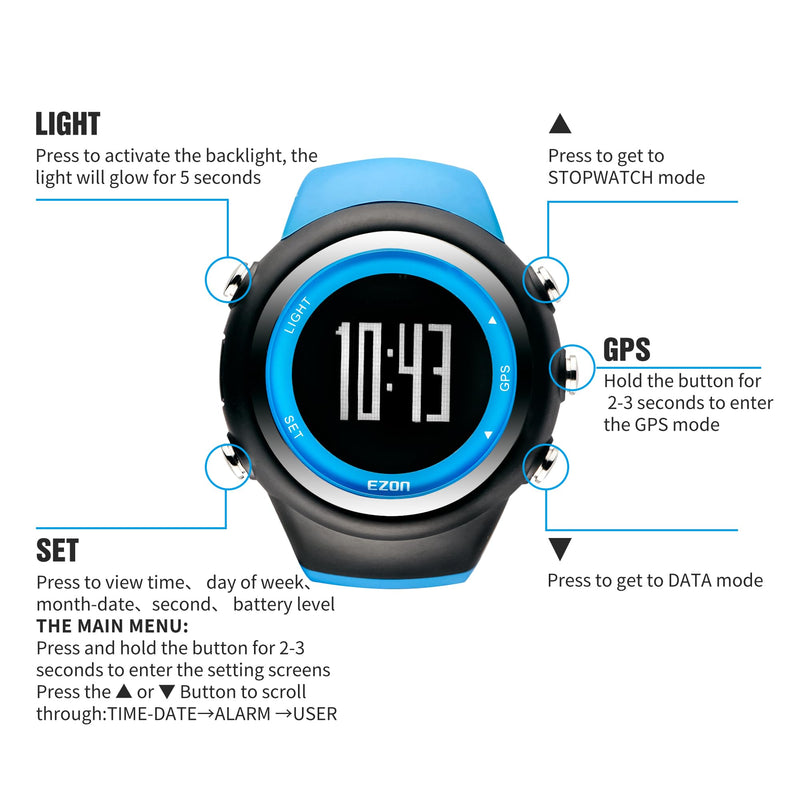 EZON GPS Running Watch with Distance Pace Alarm and Calorie Counter and Stopwatch for Men (Blue) Blue