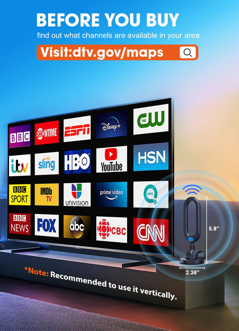 WUMINGLU TV Antenna for Smart TV Indoor 2024 Newest Clear 4K Digital Antenna HD TV Up to 380 Miles Long Range Local Channels Indoor Outdoor Amplifier Signal Booster Cable Easy Setup Black
