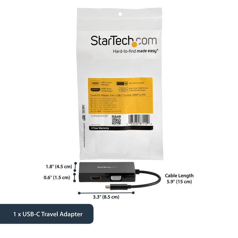 StarTech.com 4K USB C to HDMI, VGA & DVI Multi Port Video Display Adapter for Mac / Windows Laptop & Monitor (CDPVGDVHDBP) Black