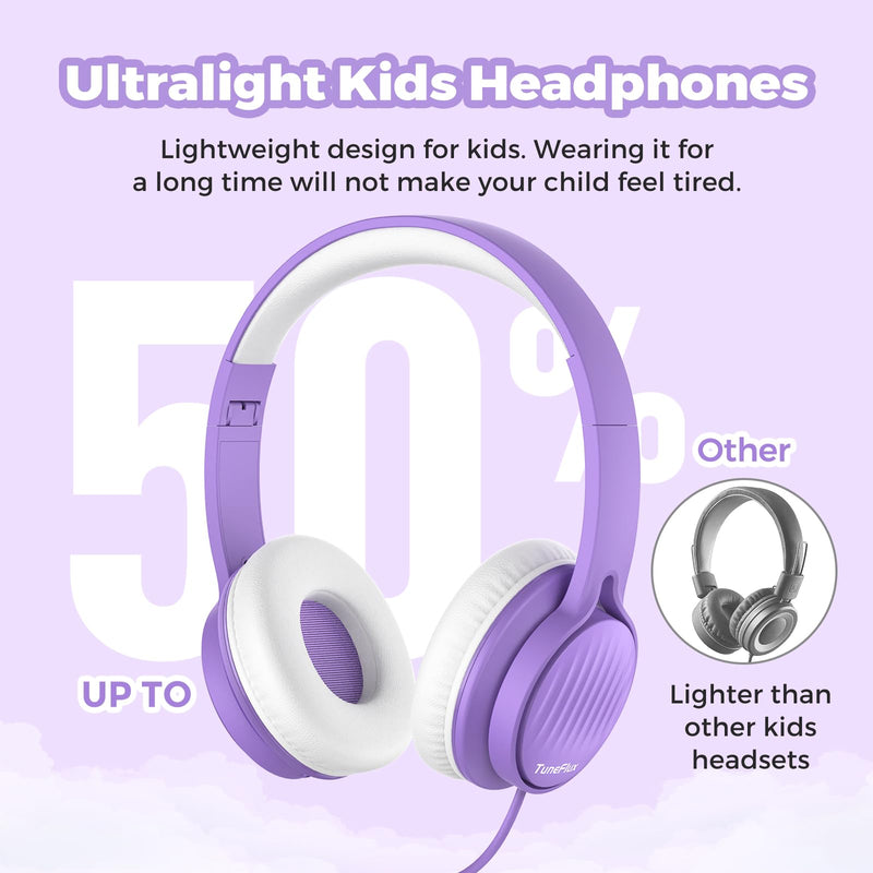 [AUSTRALIA] - TuneFlux Upgraded Kids Headphones, Wired Toddler Headphones, 85dB Limited Volume On Ear Headphones, Portable Foldable Design, Stereo Sound Kids Headphones for School/Tablet/Travel-Purple Purple 