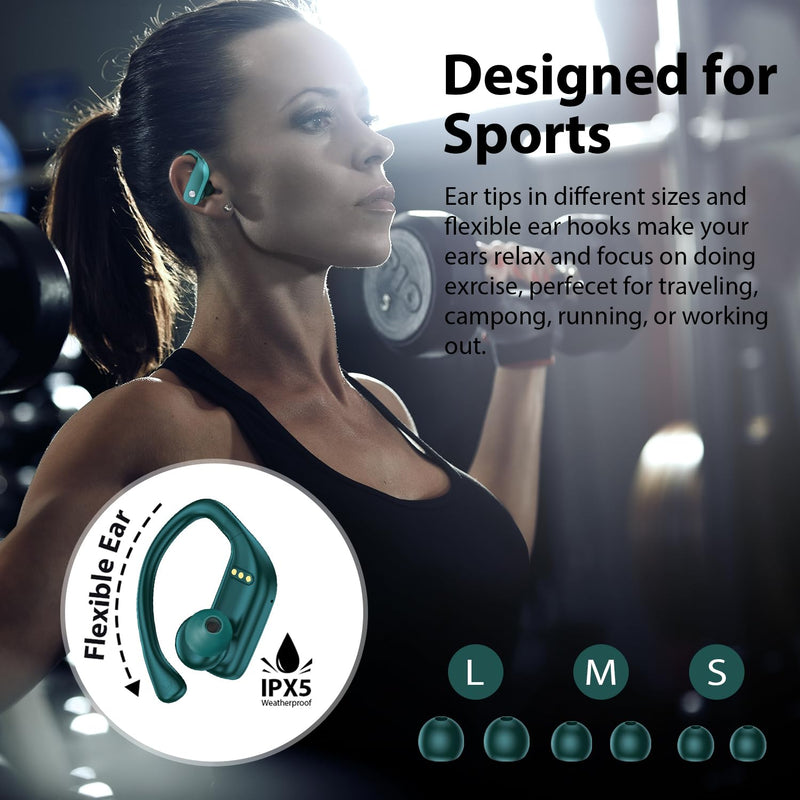 bmani 2 Sets Wireless Earbuds Bluetooth Headphones 48hrs Play Back Sport Earphones with LED Display Over-Ear Buds with Earhooks Built-in Mic Headset for Workout Green+Purple