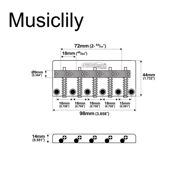 Wilkinson 72mm (2-53/64 Inch) 5-String Bass Bridge Threaded Saddles for Precision/Jazz Bass, Chrome