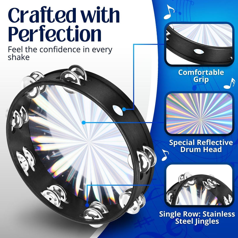 Flexzion Wood Church Tambourine Instrument - 6, 8, and 10 Inch Reflective Hand Drums for Adults, Single Row Metal Tambourine for Church, Parties, & Musical Events, 3-Pack 6, 8, 10 Inch (3-Pack)