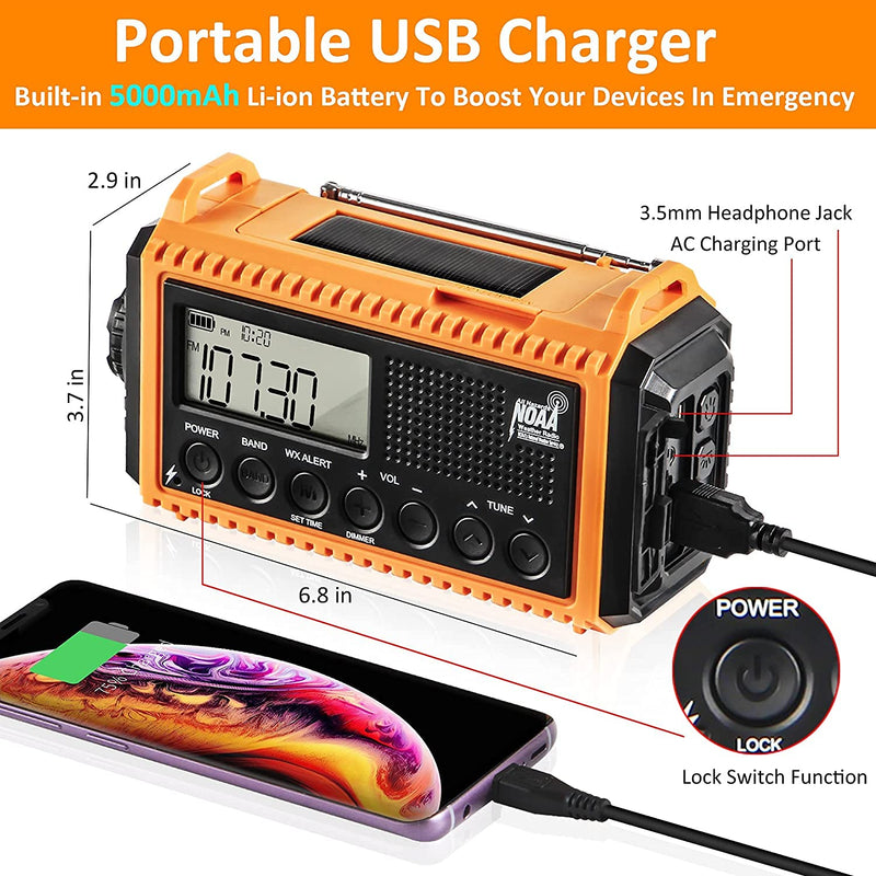 [AUSTRALIA] - Emergency Weather Radio with AM/FM/NOAA/SW,5000mAh Alert SOS Survival Portable Radio,5 Ways Powered Solar Hand Crank Radio with Cellphone Charger, Flashlight, Reading Lamp, Headphone Jack for Outdoor 