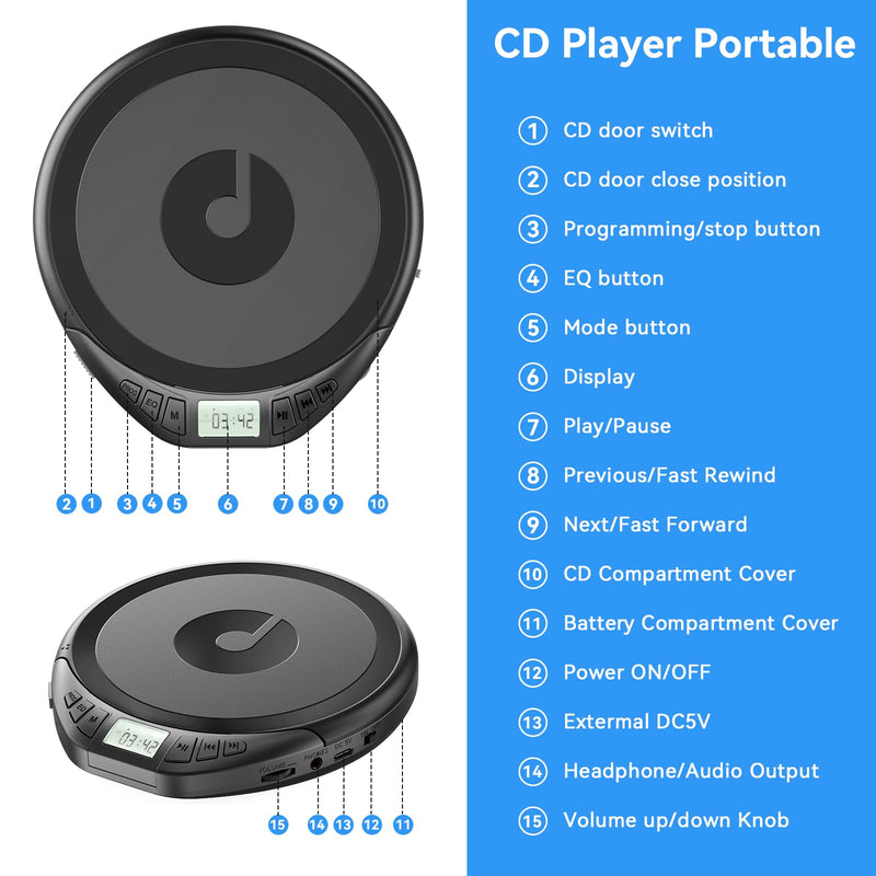 [AUSTRALIA] - Portable CD Player with Headphones KOVCDVI CD Player Portable for Car with Anti-Skip & Shockproof,CD Discman with LCD Display,AUX Cable and Earphone for Sport Home Outdoor Black 