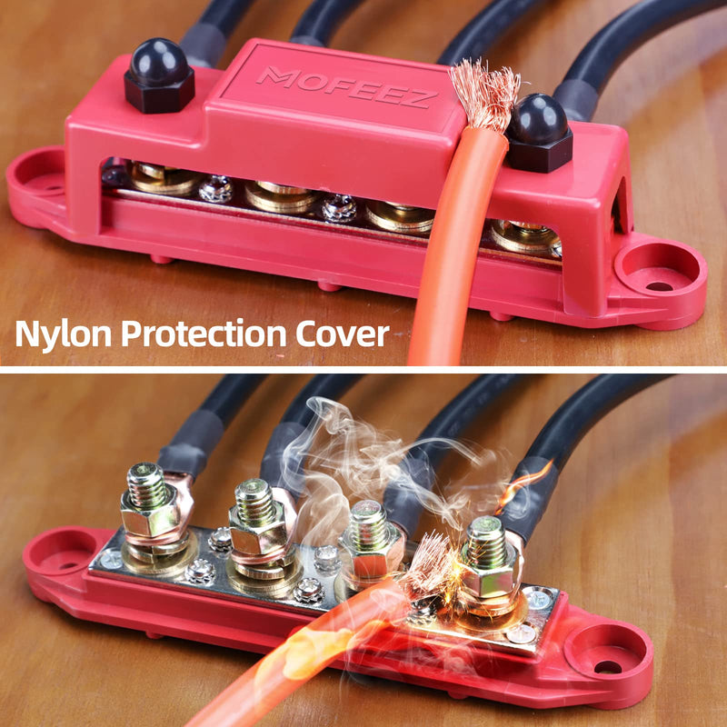 [AUSTRALIA] - MOFEEZ Power Distribution Block Bus Bar, 4 x 5/16" Posts, 6 x #8 Screws Terminals, Max 48V 250A (Pair, Red & Black) 4*5/16" 