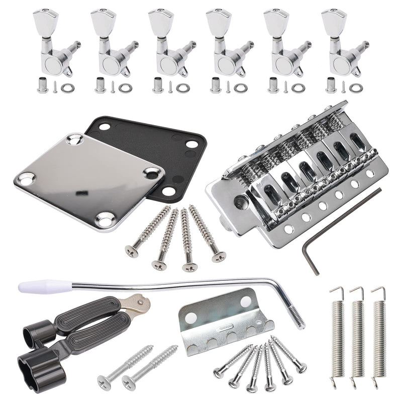[AUSTRALIA] - Swhmc Silver 6 Strings Electric Guitar Tremolo Bridge Bar Kit,6R Sealed Gear Tuning Pegs Keys Machine Head with Neck Plate Reinforce Board for Strat Fender Guitar Replacement bridge and tuning pegs 