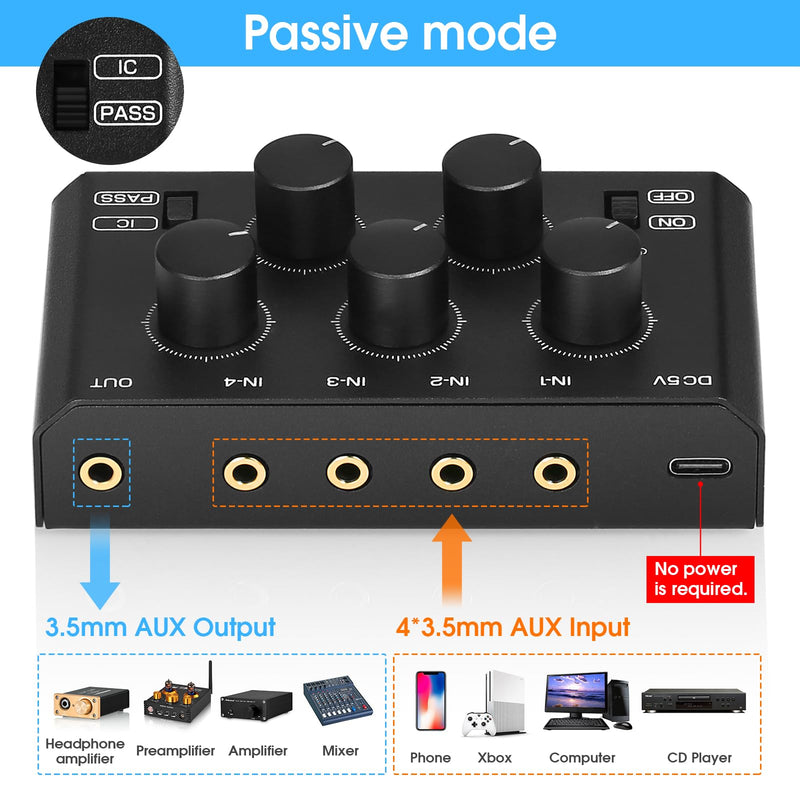 DoukAudio MC5-BX Mini Audio Mixer: 4-Channel Ultra Low-Noise Stereo Line Mixer for Home Studio Bar, Active & Passive Modes, Portable Metal Design for Musicians DJs