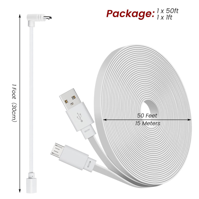 50ft Power Cable for Wyze Cam v4,Wyze Cam Pan v3,Wyze OG,Wyze Cam v3 and v3 Pro Security Cameras - 15m Long Flat Extension USB to Micro USB Charging Cord with L-Shaped Adapter, White