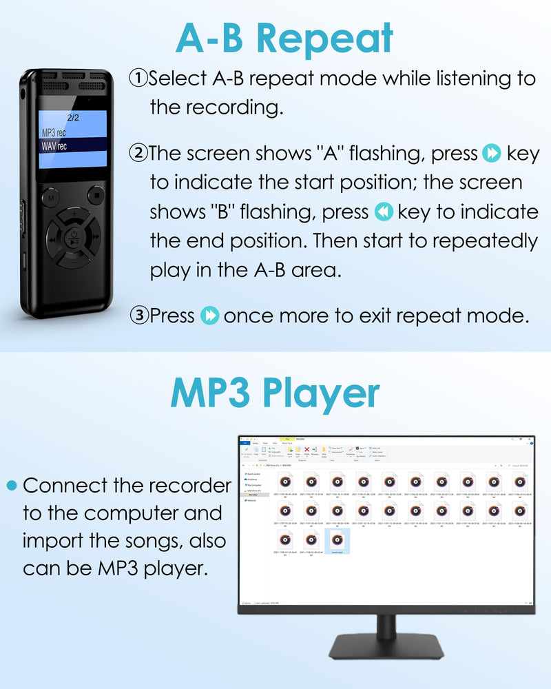 64GB Digital Voice Recorder, Wevoor Voice Activated Recorder with 560mAh Large Capacity Battery, Professional Recording Device with Playback, Password, Timed recording, Repeat, Variable Speed Playback