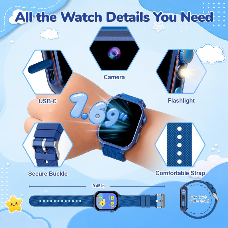 MOMILLA Kids Watch Kids Toys, 1.69'' Smart Watch with 180+ Learning Games | Kids Digital Watch, Toddler Toys with Video Camera Music Pedometer, Birthday Gifts for 3 4 5 6 7 8 9 10 Year Old Boys Blue