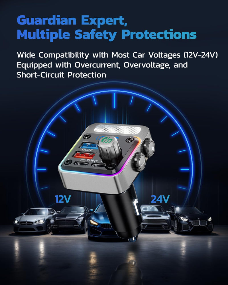 Nulaxy 54W Bluetooth 5.3 Car Adapter with 4 Charging Ports [PD 36W & QC3.0 18W], Wireless Radio FM Transmitter with Deep Bass Player & 5 Colors LED Backlit, Hands-Free Calling - Silver