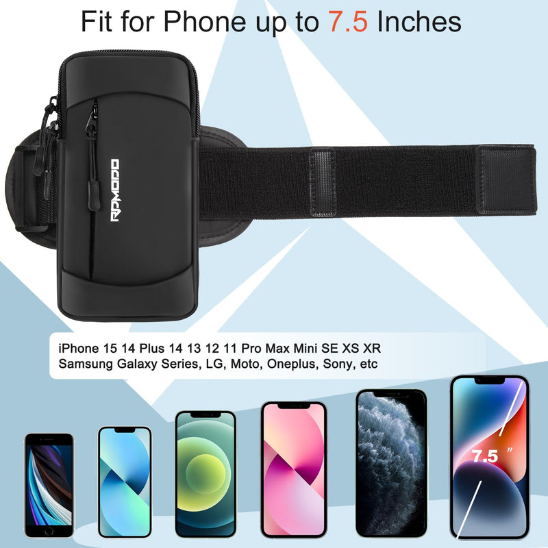 Phone Holder for Running, Large Capacity Arm Band for Phone for Running Walking, Lightweight Armband Cell Phone Holder for iPhone 12 13 14 15 Samsung Galaxy S23 S22 Ultra Under 7.5 Inch (Black) 01-Black