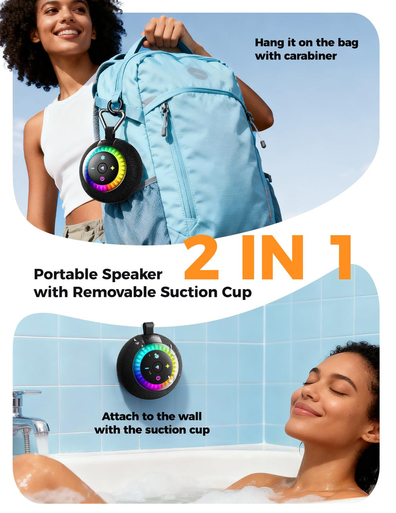 [AUSTRALIA] - Shower Speaker Bluetooth Waterproof Portable: 360° Surround Sound, IPX7 Suction Cup Removable with Vacuum Exhaust Knob, 2 IN1, RGB Lights, BT5.4, TWS, Pool/Beach/Kayak, Gifts for Adults Teens-Black black 