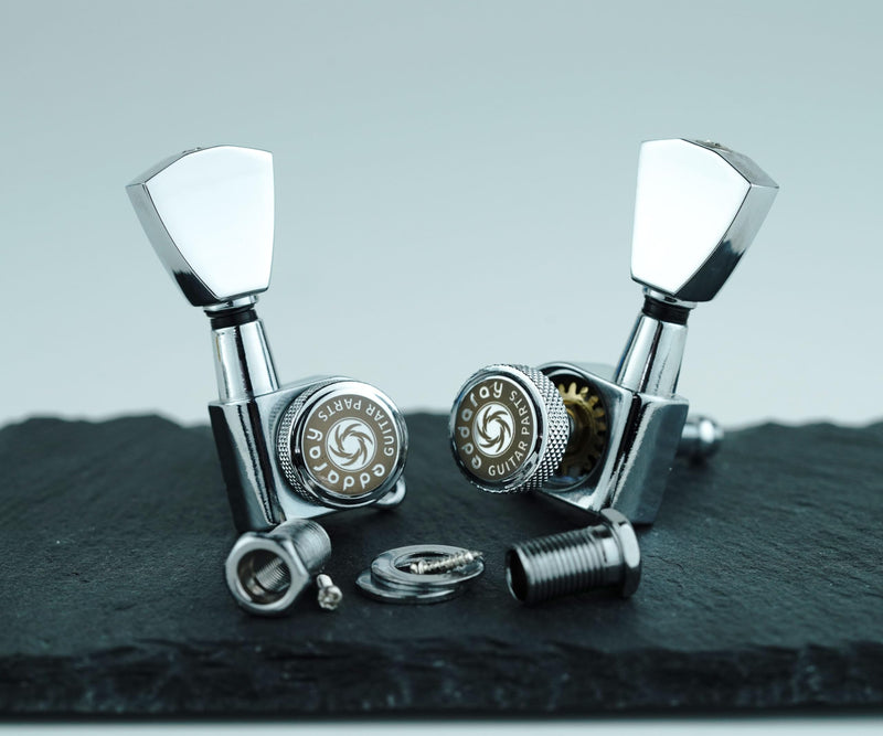 Guitar Locking Tuners (3R + 3L) - 1:18 Gear Ratio Lock String Tuning Key Pegs Machine Heads with Tulip Shaped Knob Replacement Guitar Accessories (E-104SP, Chrome)