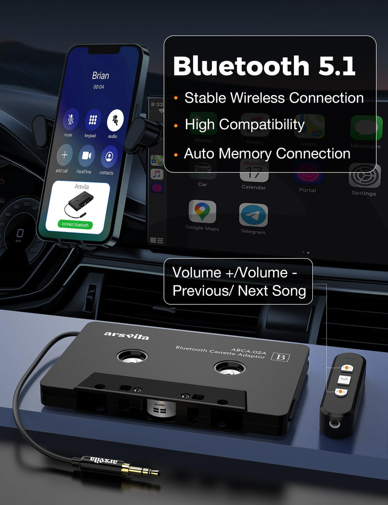 arsvita Car Audio Cassette to Aux Adapter, 5.1 Bluetooth Receiver Kit for Cassette to Aux, Bluetooth Receiver Compatible with 3.5 MM Auxillary Cable Tape, Black, Type BCAK04