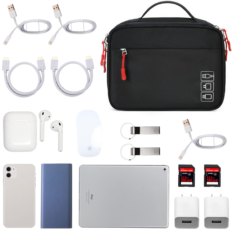 MIRLEWAIY Waterproof Cord Cable Organizer Travel Portable Electronics Accessories Carrying Bag Storage Case for Hard Drives, Cables, Charger, Phone, USB, SD Card, Black