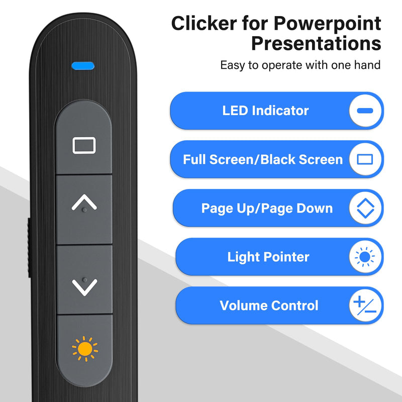 Presentation Clicker, Wireless Presenter with Red Light Pointer, Clicker for Powerpoint Presentations RF 2.4GHz USB Presenter Remote Google Slide Advancer with Hyperlink Volume Control F07 AAA-USB