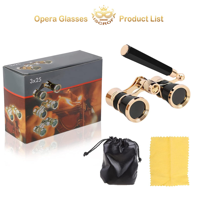 Opera Glasses,3X25 Theater Binoculars with Foldable and Extendable Handle,Mini Binocular Compact Lightweight,Portable Theater Glasses for Adults Kids Women in Musical Concert Black with Handle